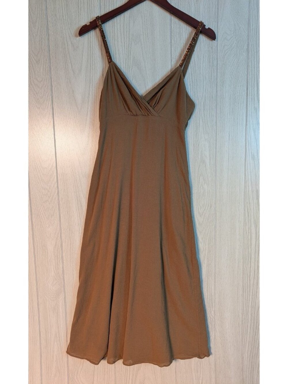Tory Burch V-Neck Spaghetti Strap Long Beaded Straps Zip Brown Flaw